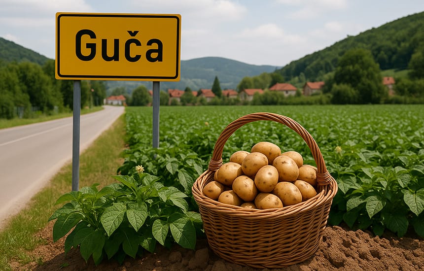 Korpa u njivi puna krompira pored table na kojoj piše Guča
