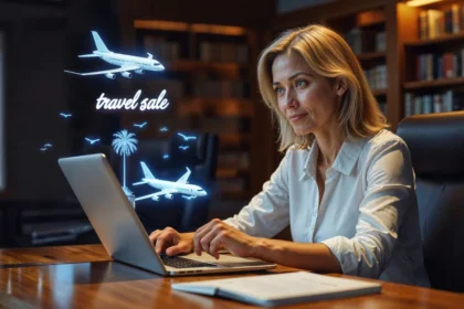 Žena na laptopu pretražuje putovanja na sniženju