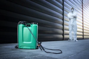 Kanta za dezinfekciju i čovek u zaštitnom odelu