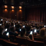 Ljudi u pozorištu sa mobilnim telefonima u rukama