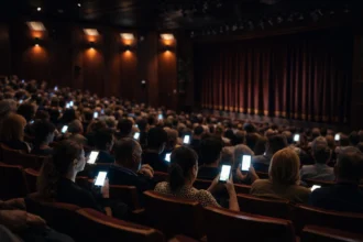 Ljudi u pozorištu sa mobilnim telefonima u rukama