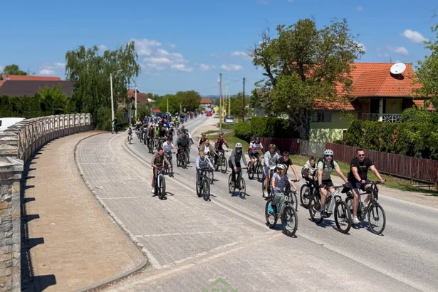 Group of cyclists riding on a sunny rural road past houses and greenery.