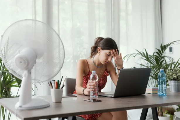 Devojak ispred laptopa i ventilatora