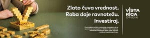 Hands arranging gold block sculptures into a V on a green table, alongside Slovene investment slogan and a vertical logo on the right side.