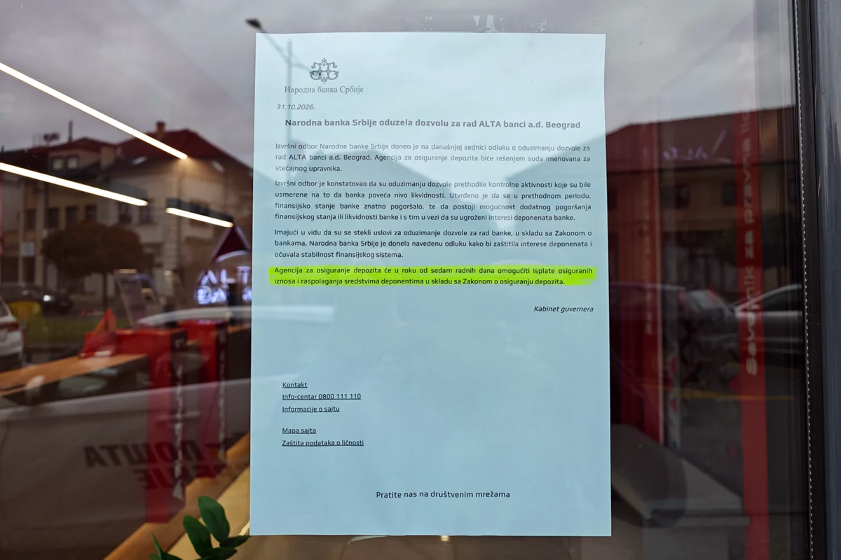 Obaveštenje NBS o oduzimanju dozvole Alta banci